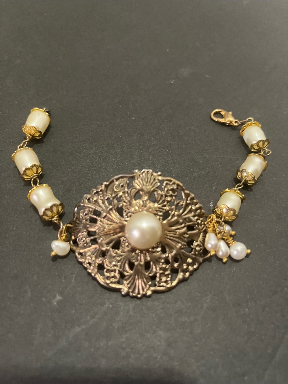 Gold-Tone Filigree Pearl Bracelet - Faux Pearl Accent